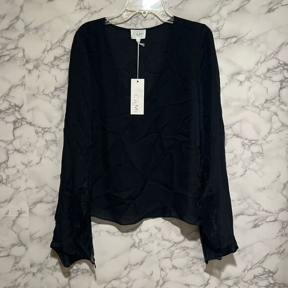 CAMI NYC Flare Lace Sleeve Silk Blouse in Black - Picture 4 of 14